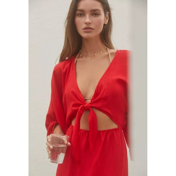 By Anthropologie Tie-Front Cover-Up Dress V Neck Red Long Slit Midi XXS - Picture 11 of 11